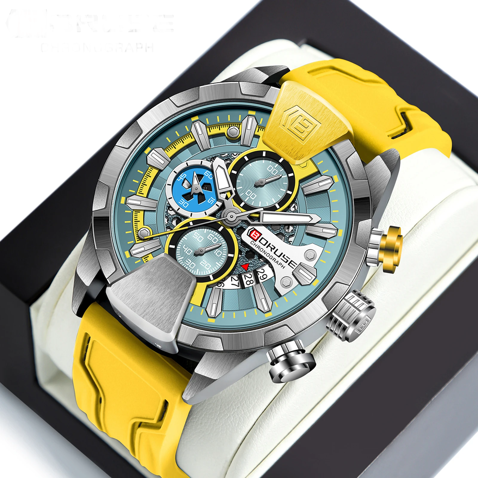 BORUSE Yellow Chronograph Watch – Quartz, Waterproof, Gift