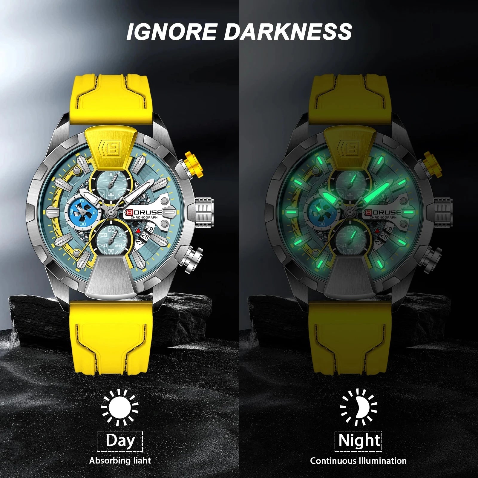 BORUSE Yellow Chronograph Watch – Quartz, Waterproof, Gift