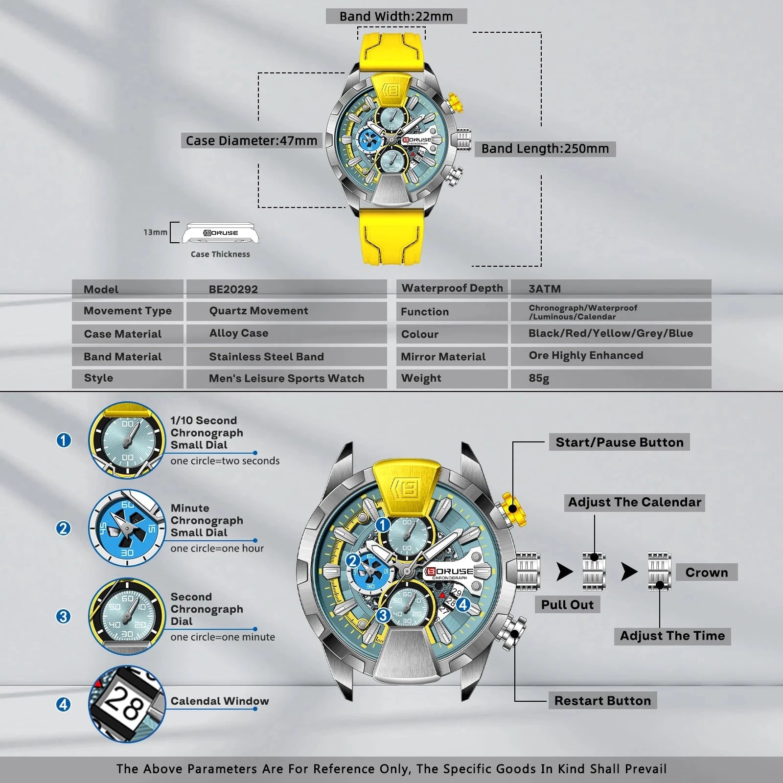 BORUSE Yellow Chronograph Watch – Quartz, Waterproof, Gift
