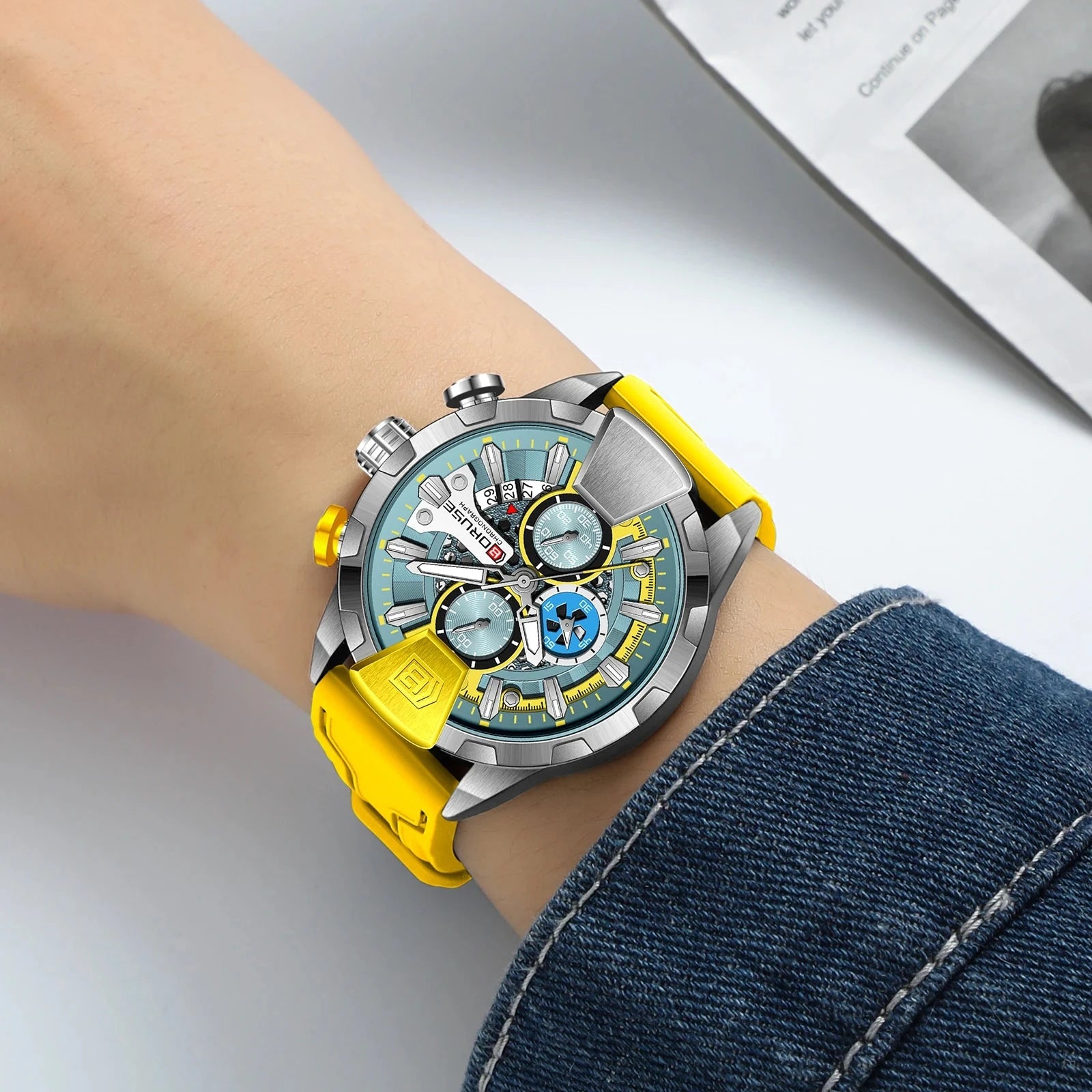 BORUSE Yellow Chronograph Watch – Quartz, Waterproof, Gift