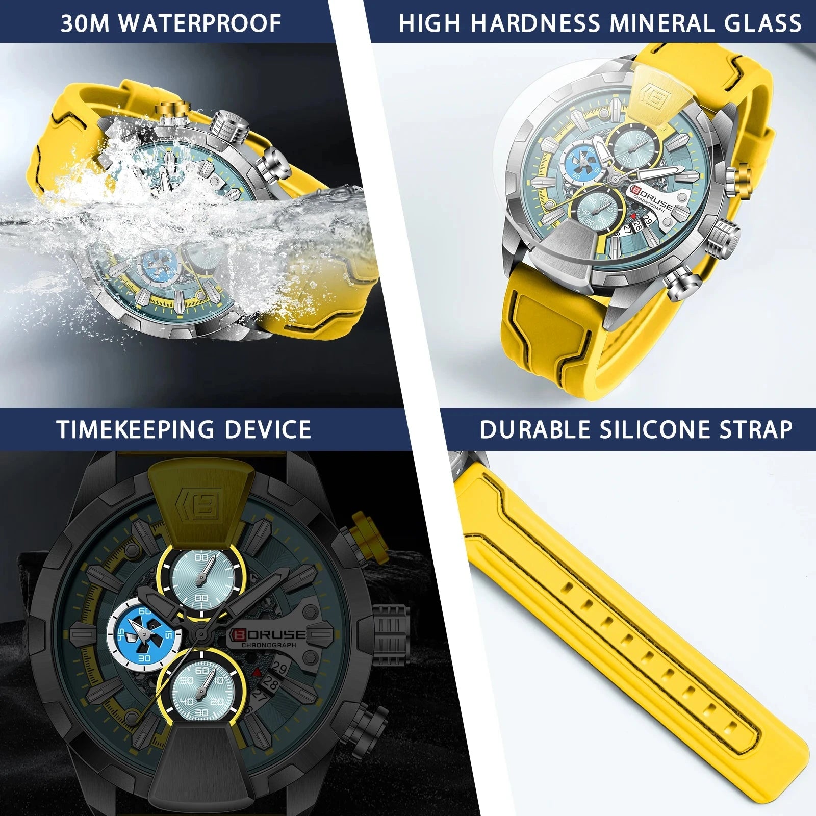 BORUSE Yellow Chronograph Watch – Quartz, Waterproof, Gift
