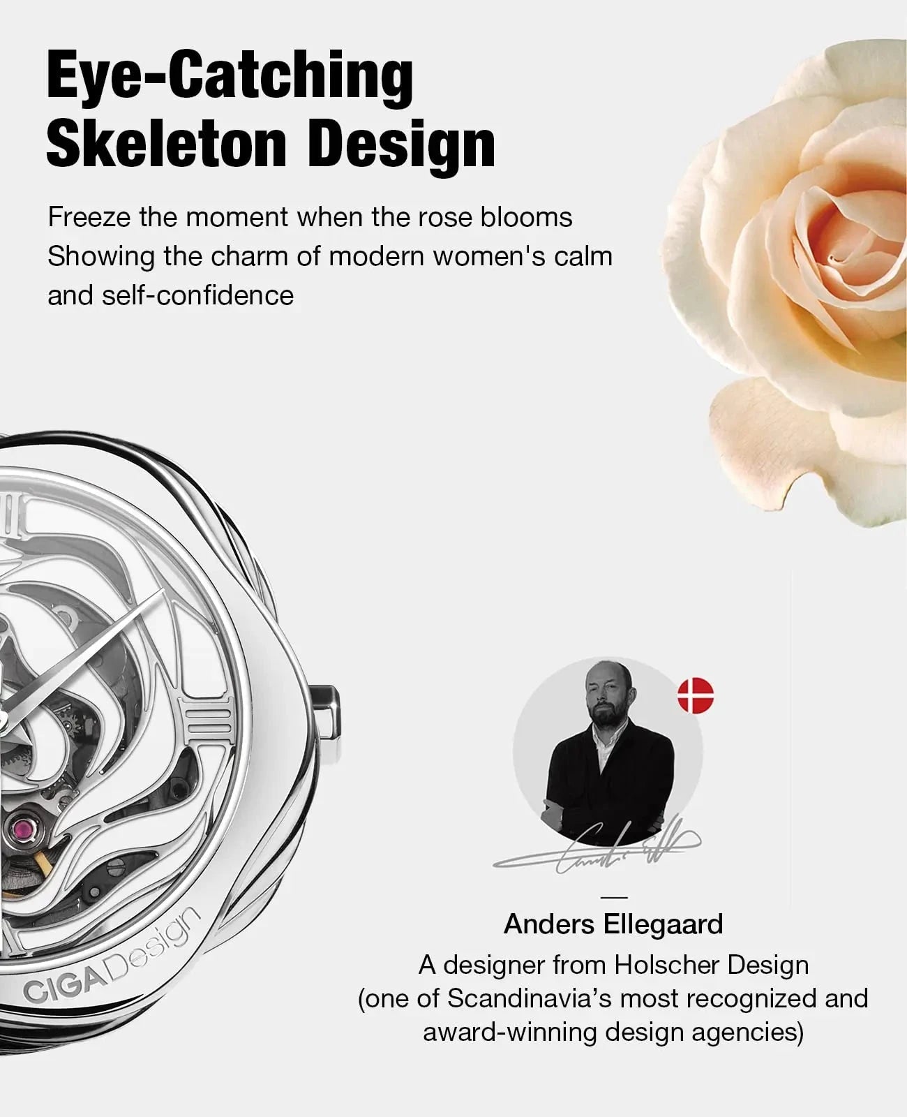CIGA Design Denmark Rose Skeleton Watch – Automatic Women’s Timepiece