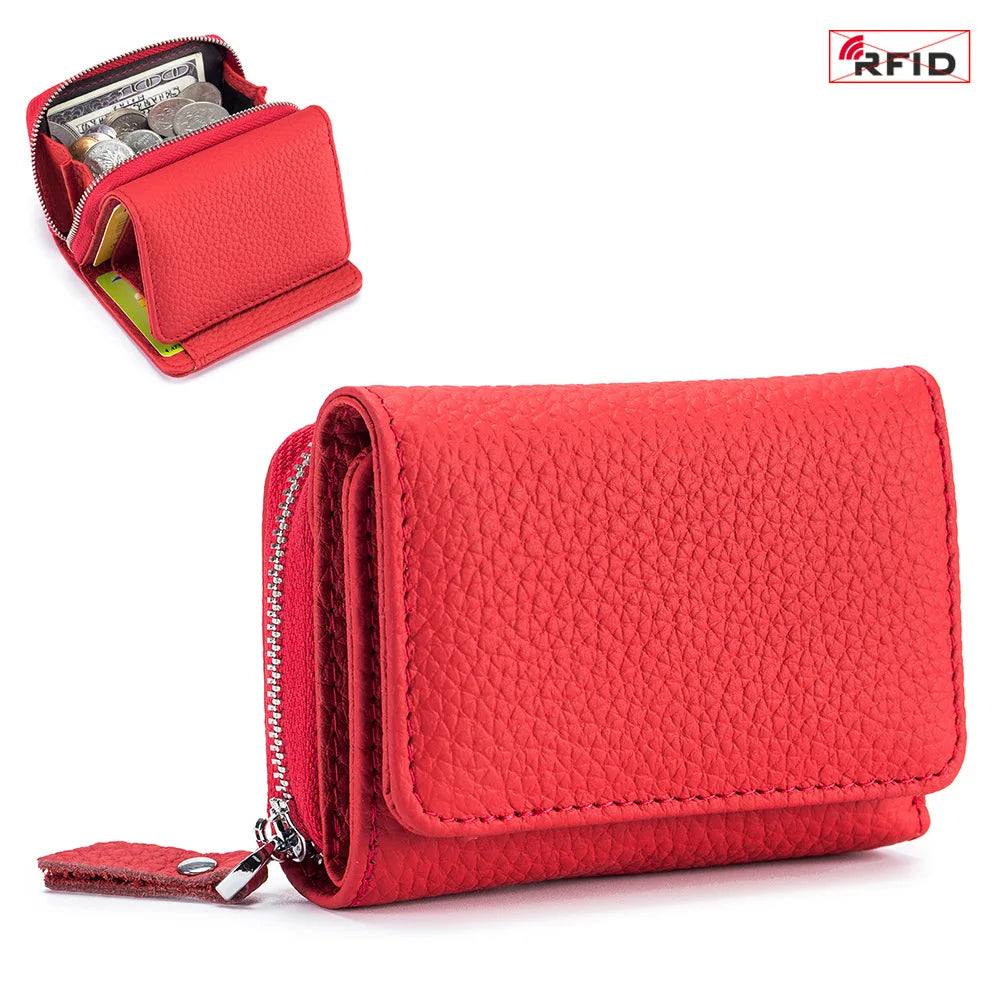 Compact Genuine Leather RFID Zip Wallet in red – product image 1