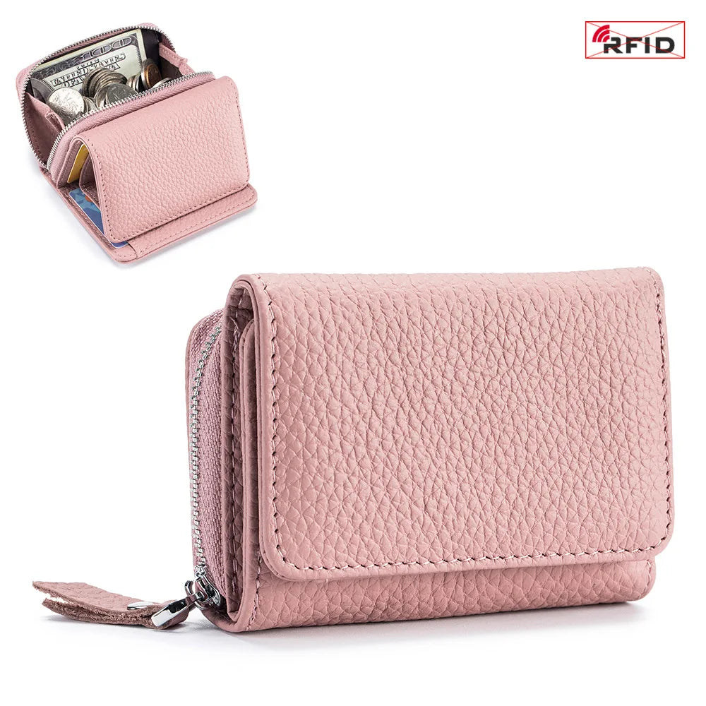 Compact Genuine Leather RFID Zip Wallet in pink – product image 6