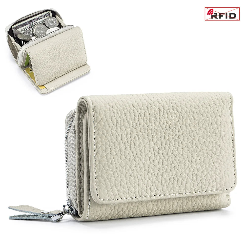 Compact Genuine Leather RFID Zip Wallet in milkshake white – product image 9