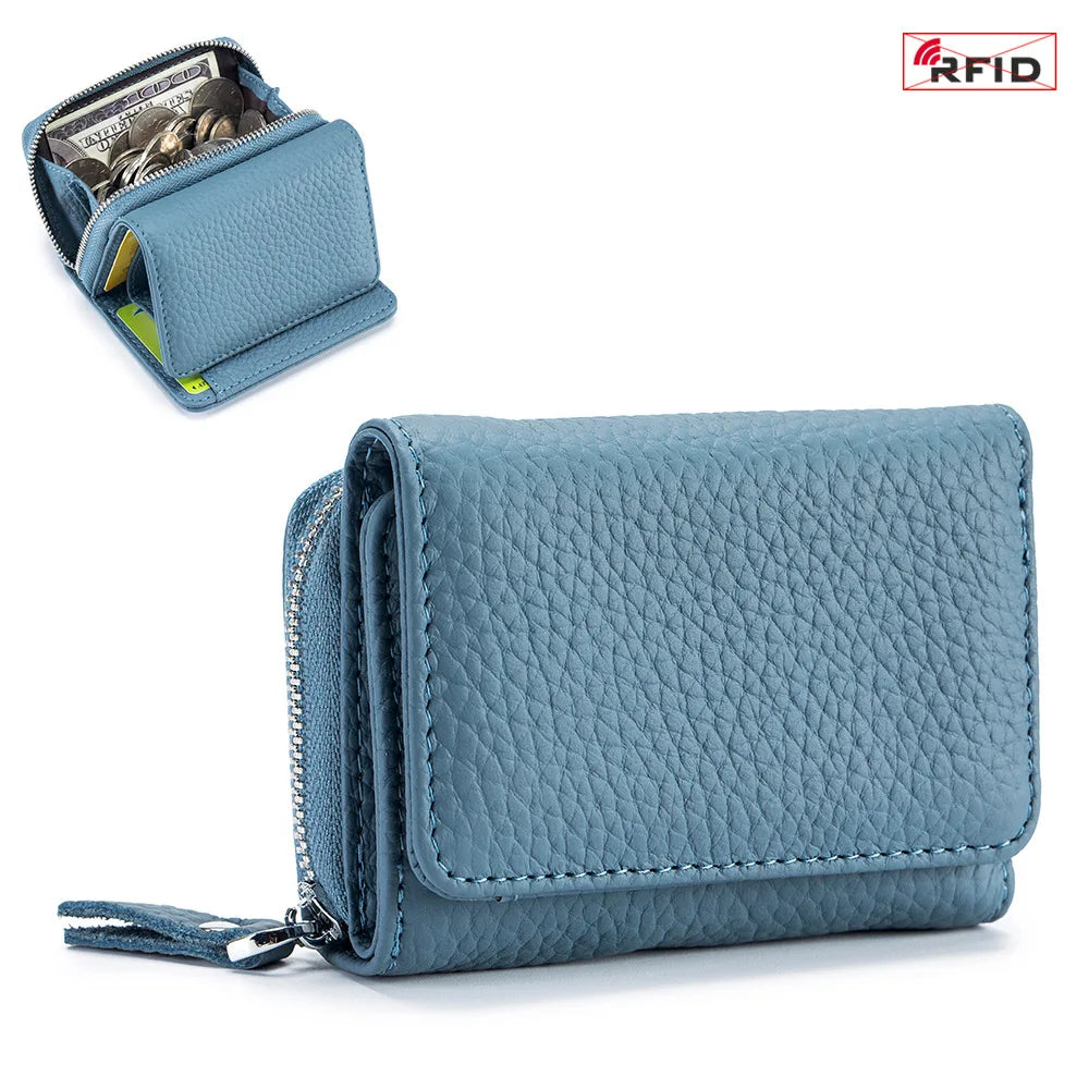 Compact Genuine Leather RFID Zip Wallet in denim blue – product image 10