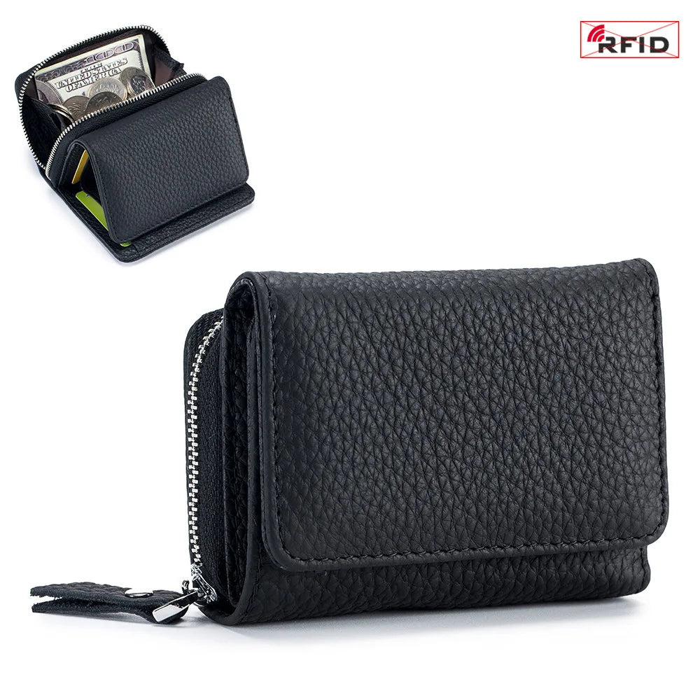 Compact Genuine Leather RFID Zip Wallet in black – product image 12