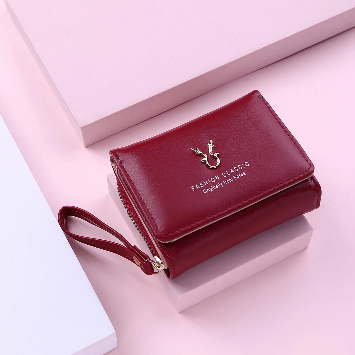 Compact PU Leather Wallet with Coin Purse in Red – product image 12