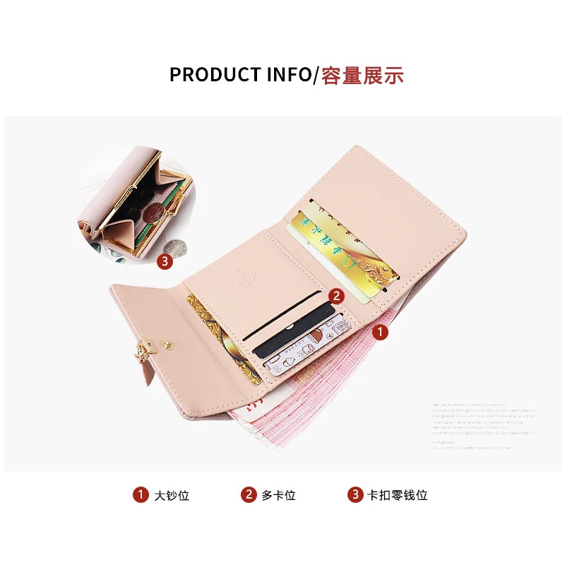 Compact PU Leather Zip Wallet with Leaf Charm – product image 2