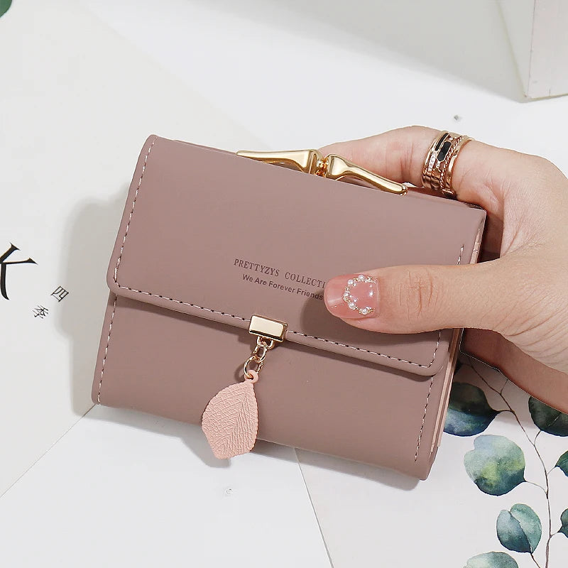 Compact PU Leather Zip Wallet with Leaf Charm in Red – product image 3