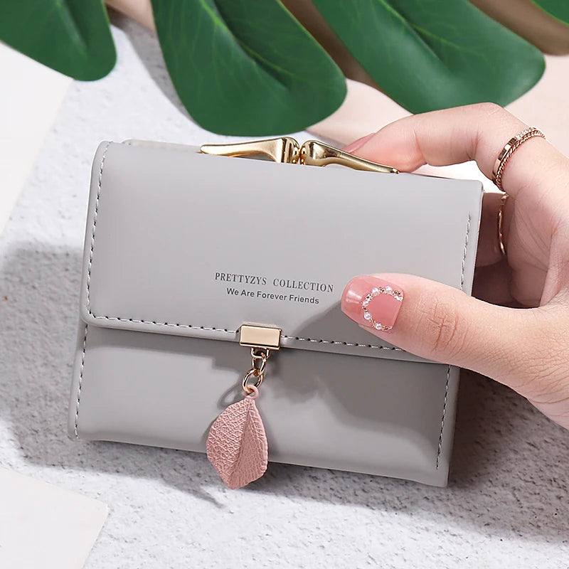 Compact PU Leather Zip Wallet with Leaf Charm in GRAY – product image 5