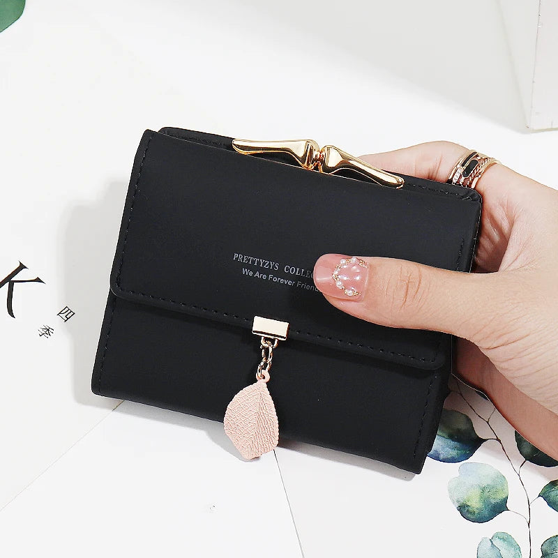 Compact PU Leather Zip Wallet with Leaf Charm in black – product image 7