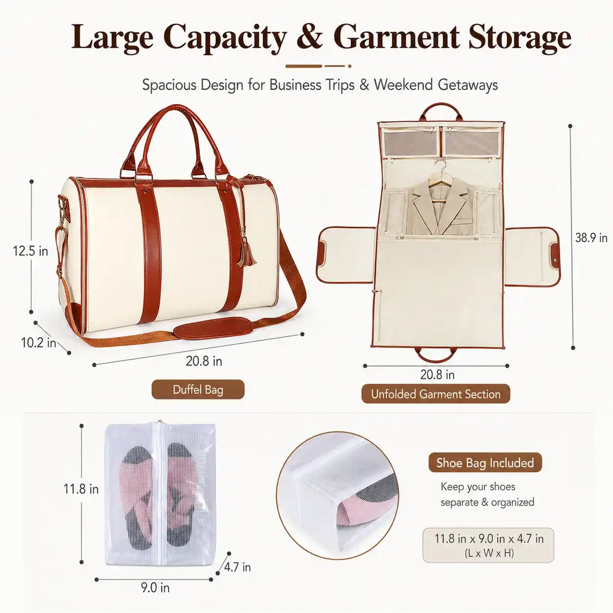 Convertible Garment Duffel Travel Bag with Shoe Compartment – product image 10