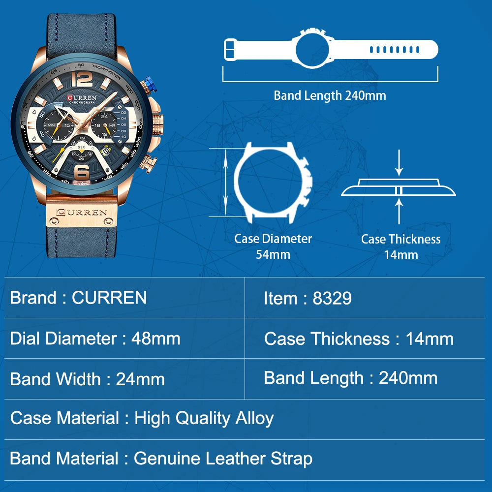 CURREN Men’s Chronograph Sport Watch – Leather Strap 48mm