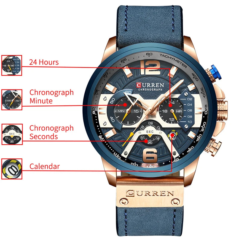 CURREN Men’s Chronograph Sport Watch – Leather Strap 48mm
