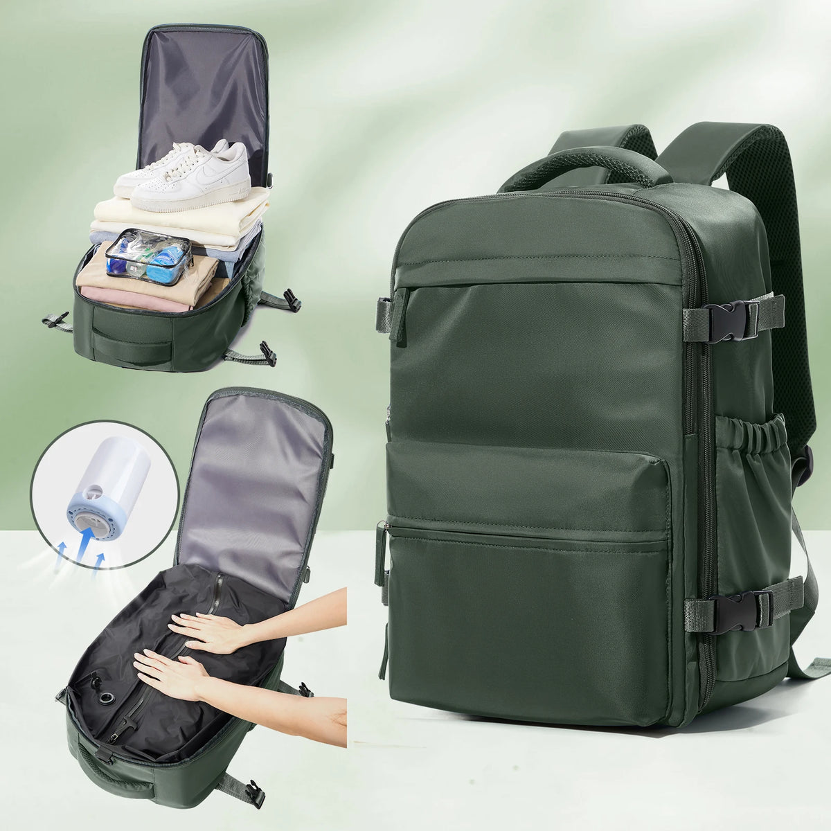 Expandable Vacuum Compression Travel Laptop Backpack in Green with Pump / China Mainland – product image 11