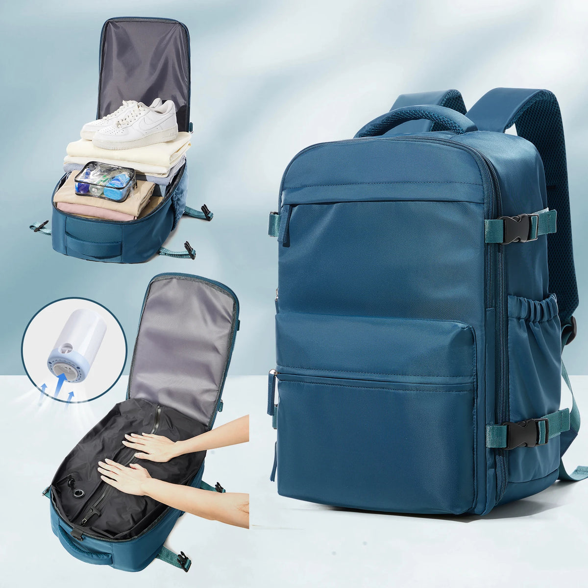 Expandable Vacuum Compression Travel Laptop Backpack in PeacockBlue and Pump / China Mainland – product image 15