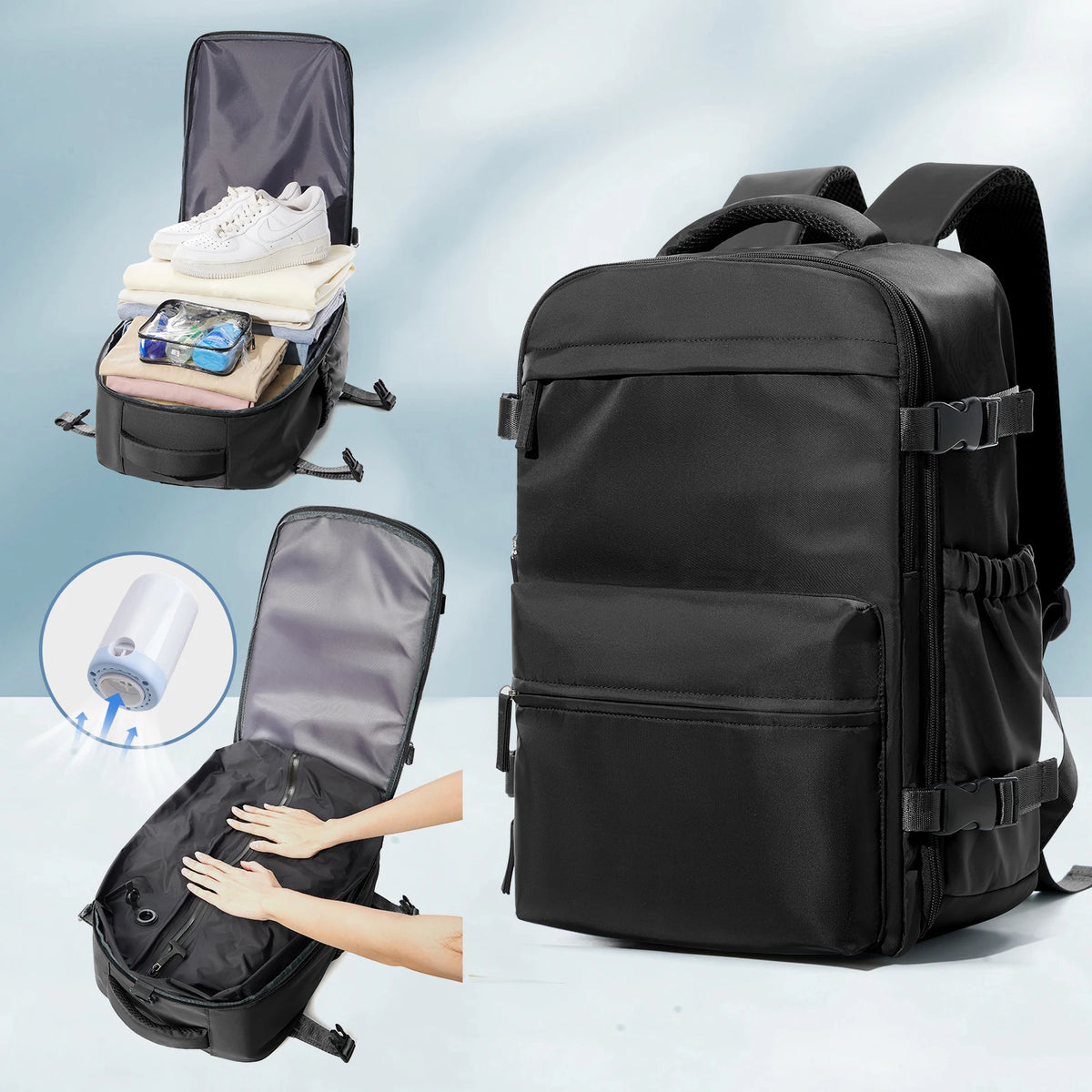 Expandable Vacuum Compression Travel Laptop Backpack in Black with Pump / China Mainland – product image 18