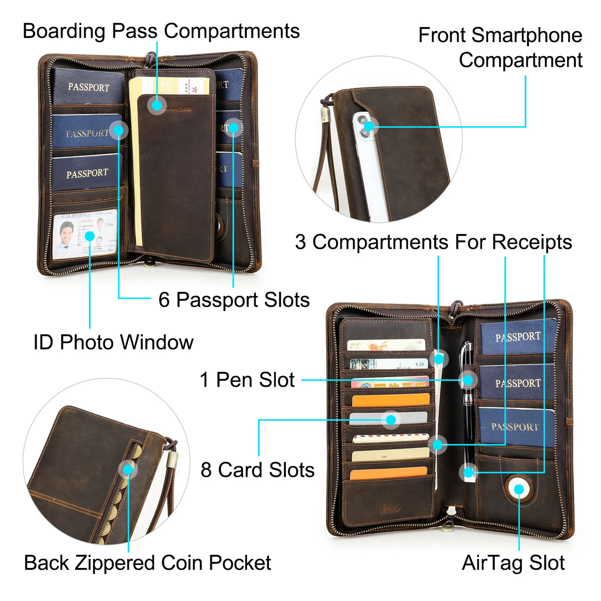 Family Passport Wallet with AirTag Slot for Travel Genuine Leather Credit Card Boarding Pass Holder Pen Cover Money Clutch Bag Smash Price Shop