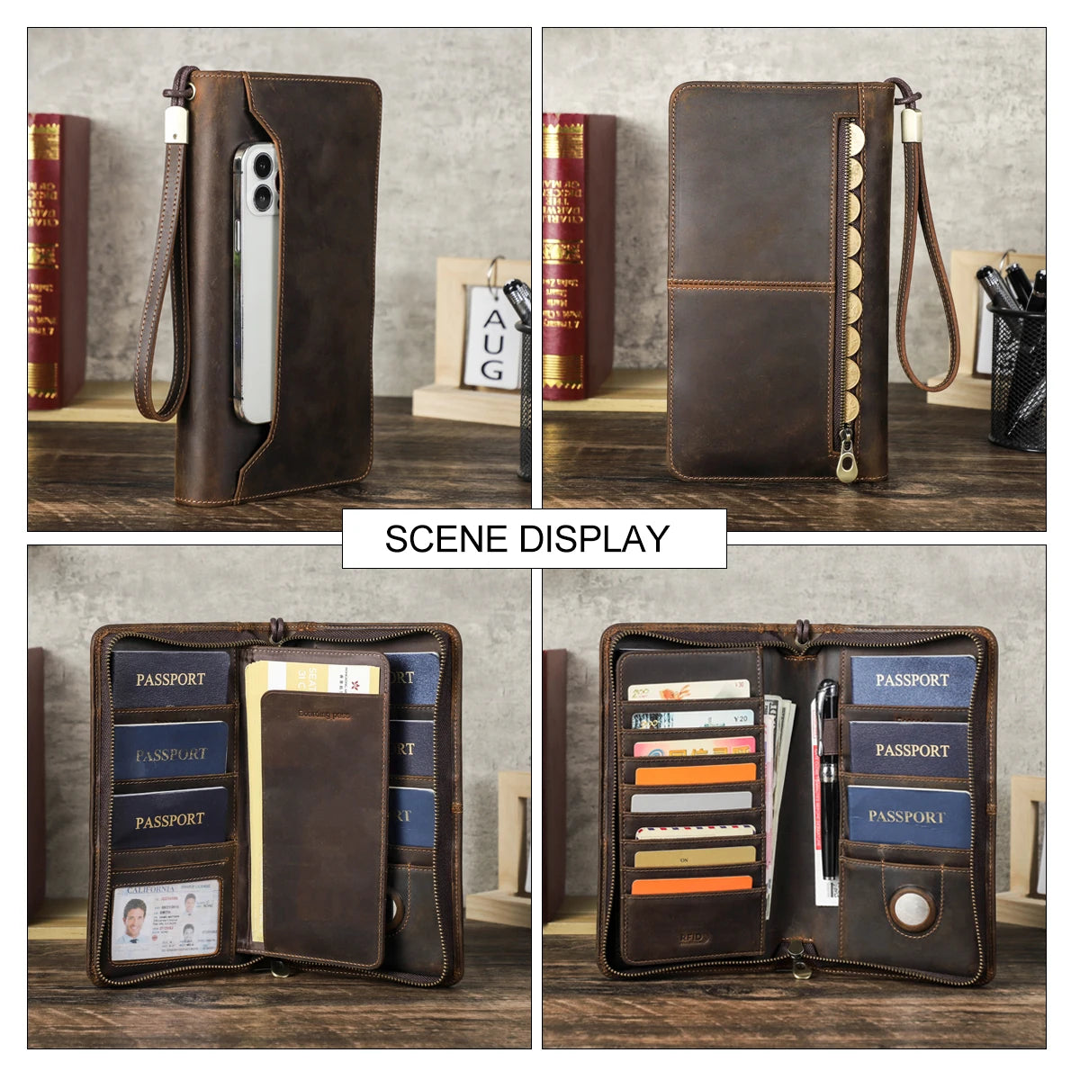 Family Passport Wallet with AirTag Slot for Travel Genuine Leather Credit Card Boarding Pass Holder Pen Cover Money Clutch Bag Smash Price Shop