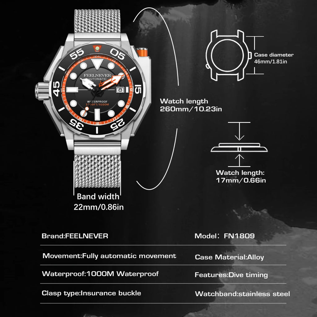 FeelNever Automatic 100BAR Diver Men’s Sapphire Watch