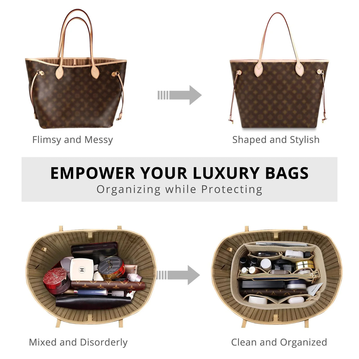 Felt Purse Organizer Insert - Travel Tote Bag Divider with Zipper, Handbag Insert for Longchamp, Neverfull, Speedy & More Smash Price Shop