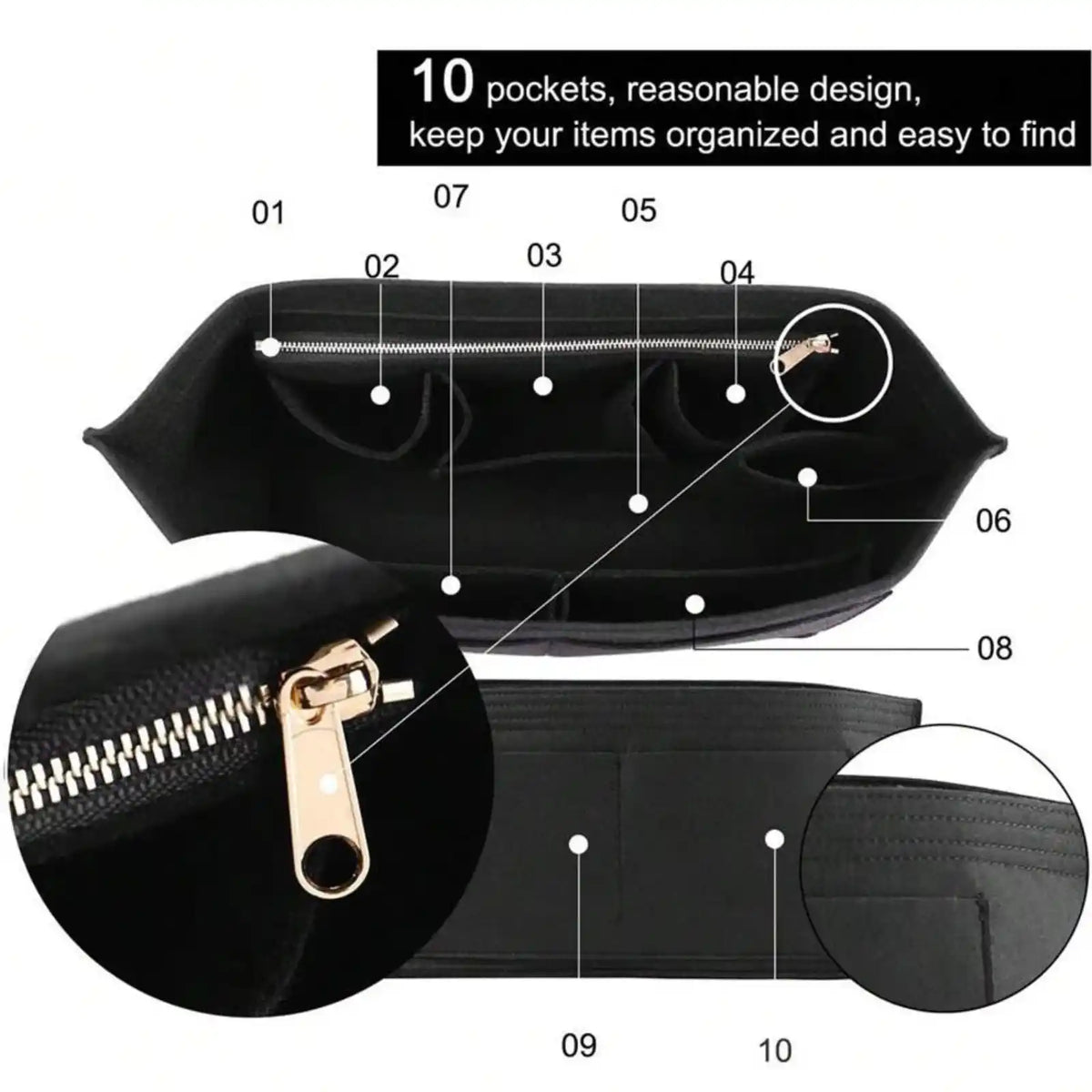 Felt Zipper Handbag Organizer Insert – product image 12