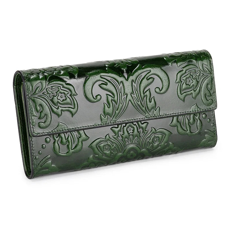 Floral Genuine Leather Long Wallet in green purse women – product image 3
