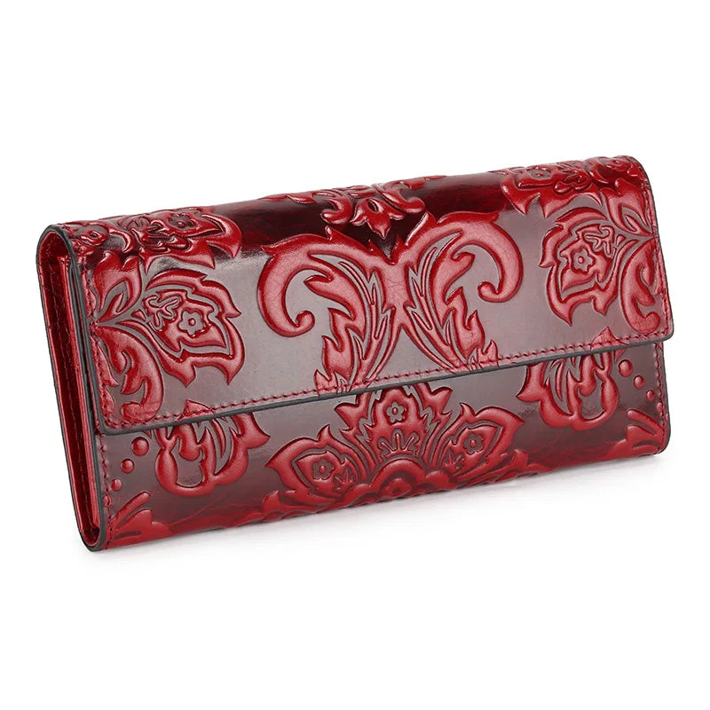 Floral Genuine Leather Long Wallet in wine red purse – product image 7