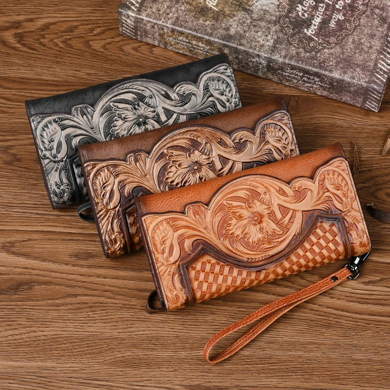 Floral Genuine Leather Wallet Women Handmade Real First Layer Cow Leather Clutch Bag Large Female Card Holder Purse Smash Price Shop