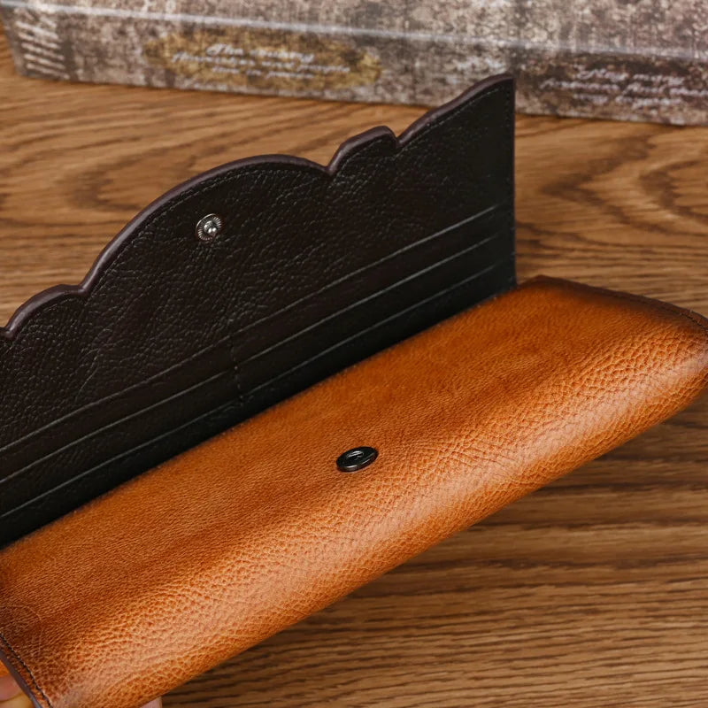 Floral Genuine Leather Wallet Women Handmade Real First Layer Cow Leather Clutch Bag Large Female Card Holder Purse Smash Price Shop