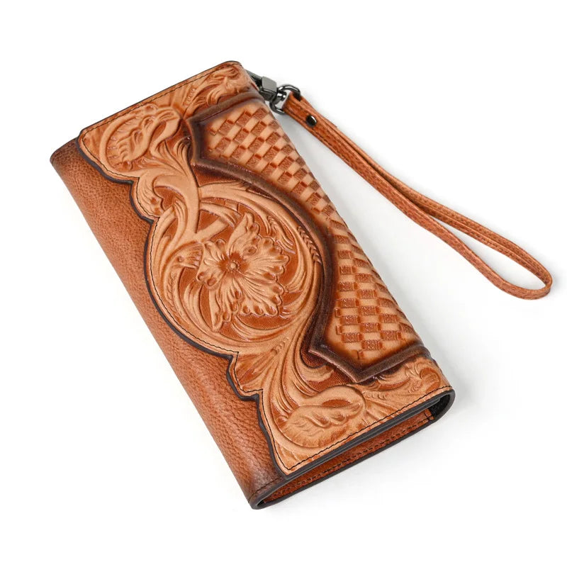 Floral Genuine Leather Wallet Women Handmade Real First Layer Cow Leather Clutch Bag Large Female Card Holder Purse Smash Price Shop