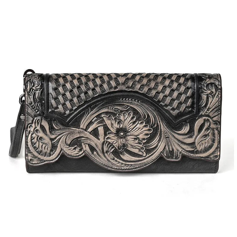 Floral Genuine Leather Wallet Women Handmade Real First Layer Cow Leather Clutch Bag Large Female Card Holder Purse Smash Price Shop