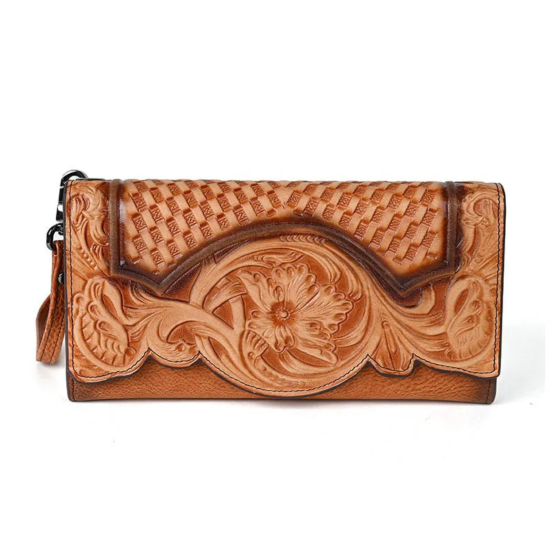 Floral Genuine Leather Wallet Women Handmade Real First Layer Cow Leather Clutch Bag Large Female Card Holder Purse Smash Price Shop