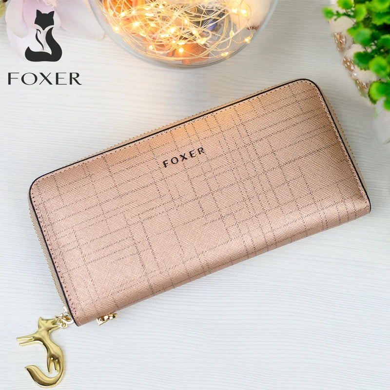 FOXER Women Split Leather Wallet Bifold Clutch Bag with Wristlet Fashion Card Holder Coin Purse Cellphone Bag Female Money Bag Smash Price Shop