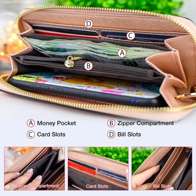 FOXER Women Split Leather Wallet Bifold Clutch Bag with Wristlet Fashion Card Holder Coin Purse Cellphone Bag Female Money Bag Smash Price Shop