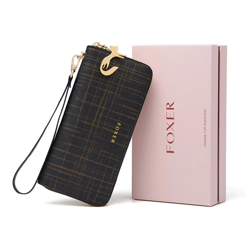 FOXER Women Split Leather Wallet Bifold Clutch Bag with Wristlet Fashion Card Holder Coin Purse Cellphone Bag Female Money Bag Smash Price Shop