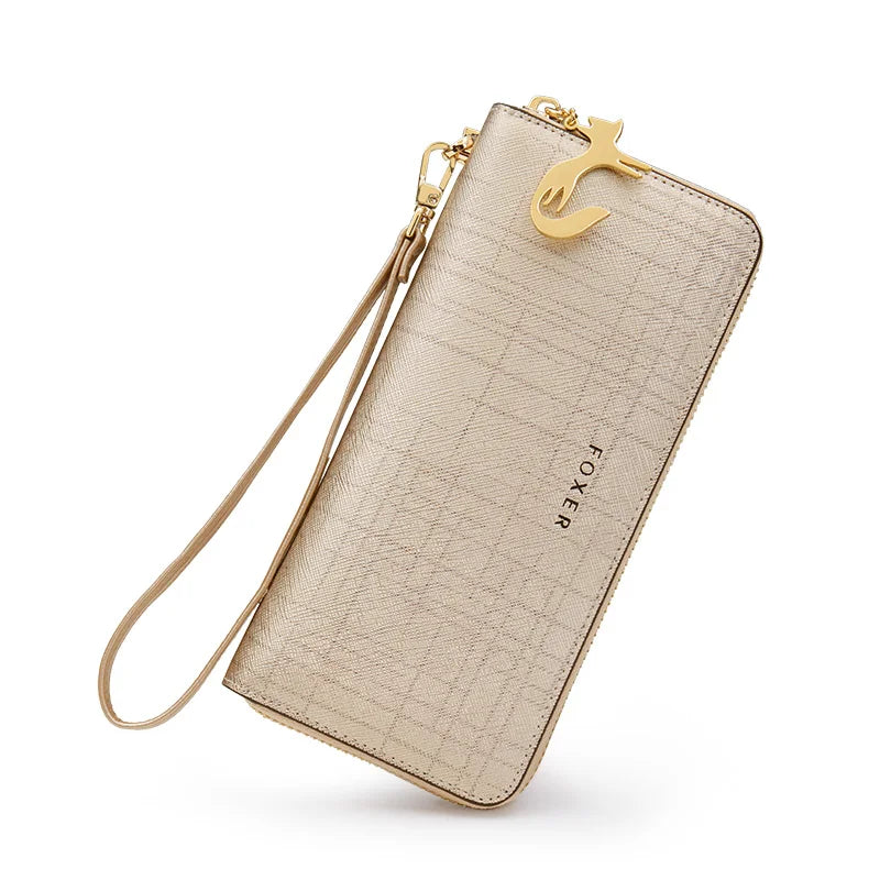 FOXER Women Split Leather Wallet Bifold Clutch Bag with Wristlet Fashion Card Holder Coin Purse Cellphone Bag Female Money Bag Smash Price Shop
