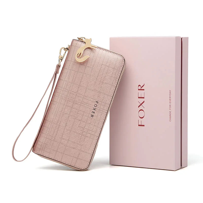 FOXER Women Split Leather Wallet Bifold Clutch Bag with Wristlet Fashion Card Holder Coin Purse Cellphone Bag Female Money Bag Smash Price Shop