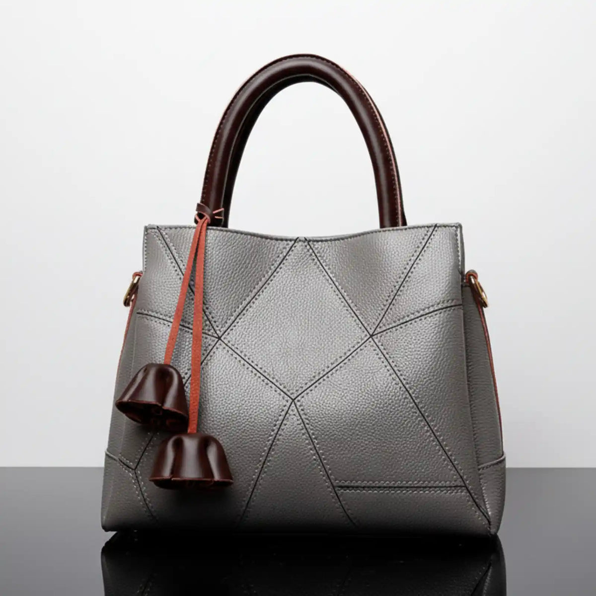 Genuine Leather Patchwork Convertible Tote Bag in Gray – product image 5