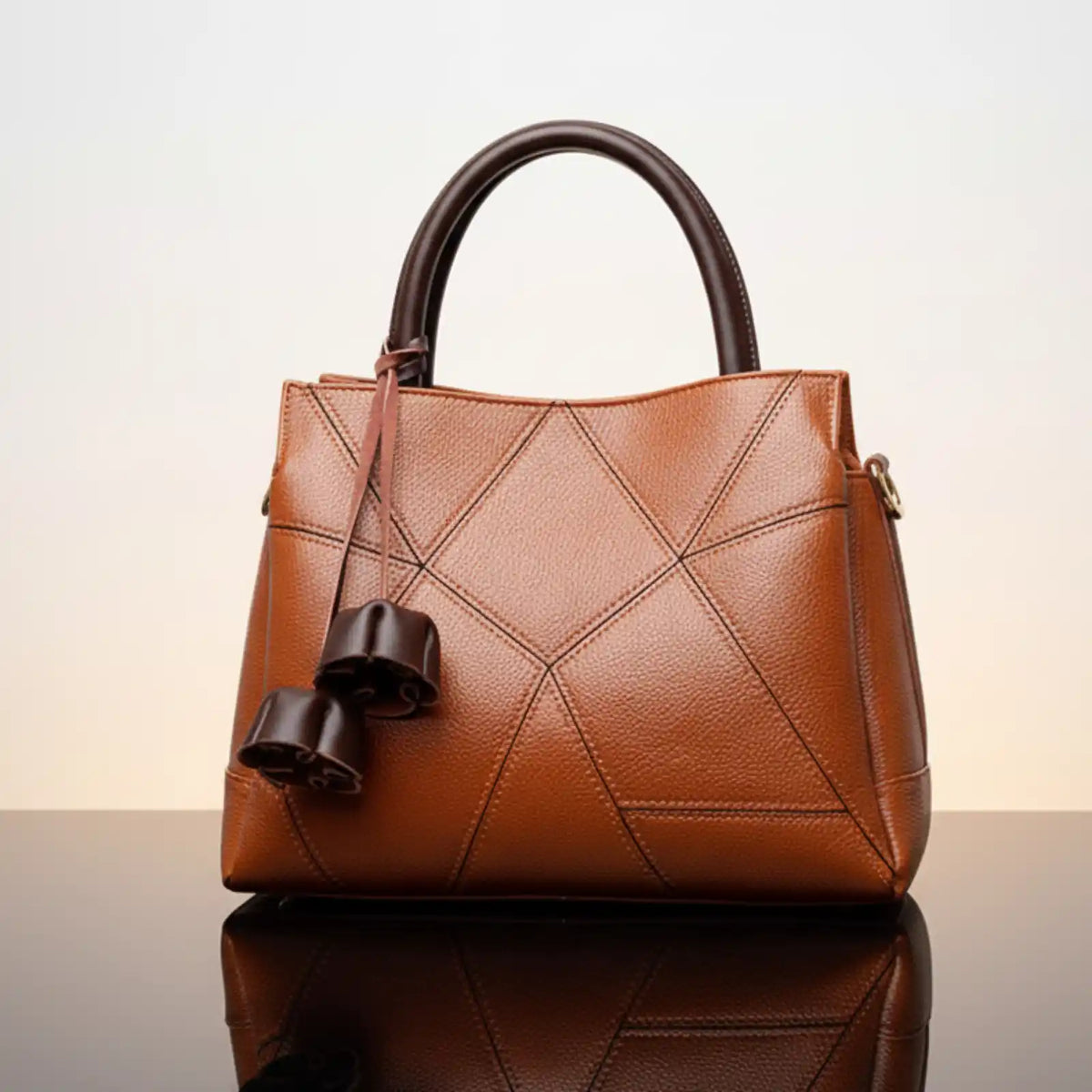 Genuine Leather Patchwork Convertible Tote Bag in Brown – product image 10