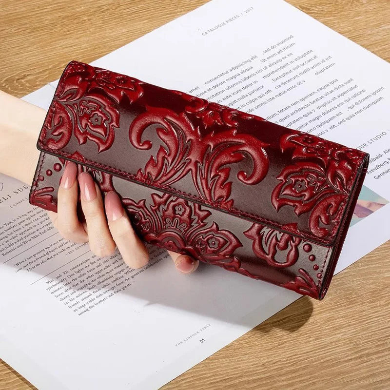 Genuine Leather Purse Women Large Real Leather Clutch Long Women's Cow Leather Purses Floral Ladies Wallets Smash Price Shop