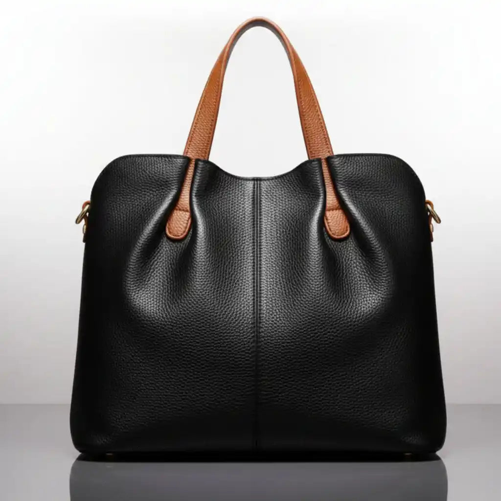 Genuine Leather Ruched Work Tote Bag for Women in Black – product image 6