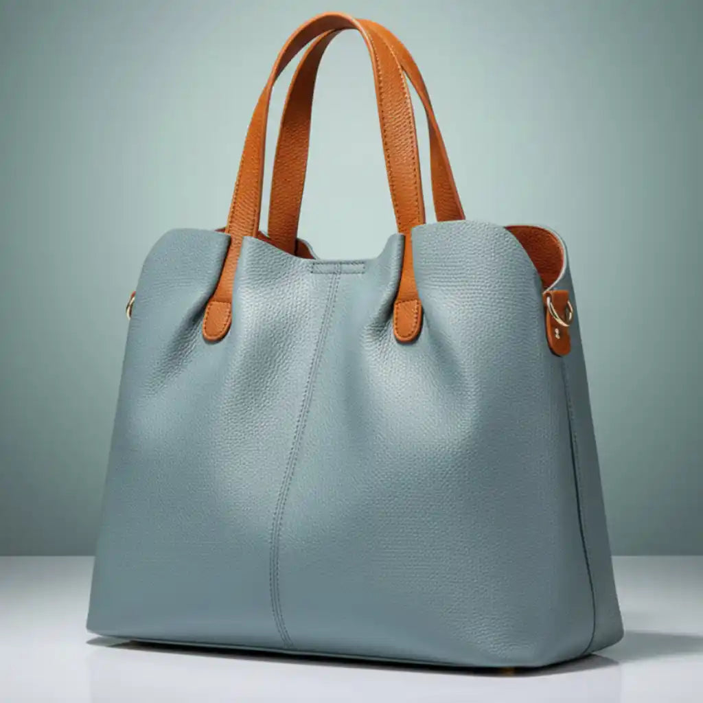 Genuine Leather Ruched Work Tote Bag for Women in Light Blue – product image 8