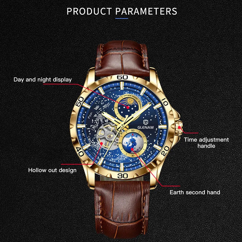 GLENAW Moon Phase Skeleton Automatic Watch – Stainless Steel