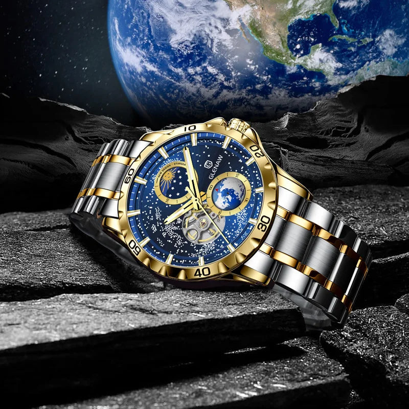 GLENAW Moon Phase Skeleton Automatic Watch – Stainless Steel