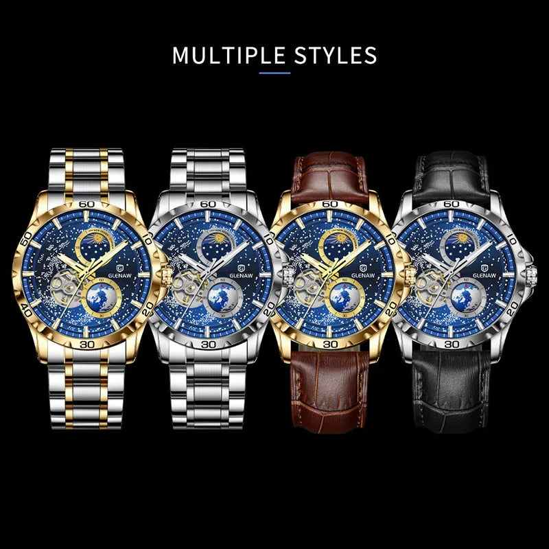GLENAW Moon Phase Skeleton Automatic Watch – Stainless Steel