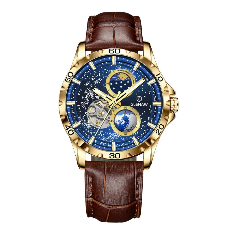 GLENAW Moon Phase Skeleton Automatic Watch – Stainless Steel