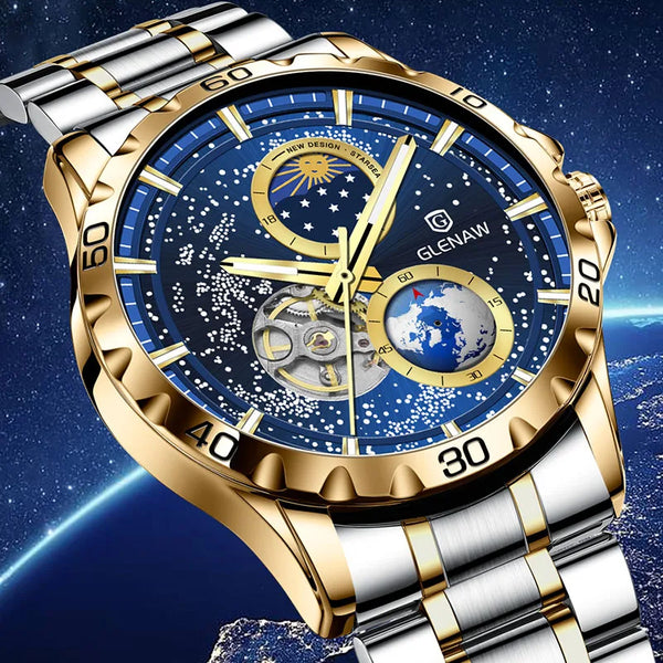 GLENAW Moon Phase Skeleton Automatic Watch – Stainless Steel