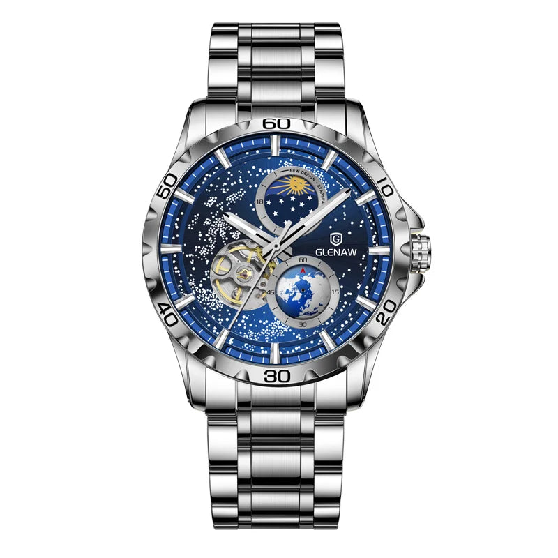 GLENAW Moon Phase Skeleton Automatic Watch – Stainless Steel